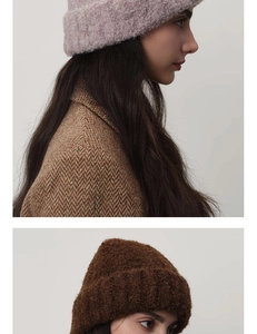 Detail view of thick textured wool knit beanie in lilac and dark brown colors