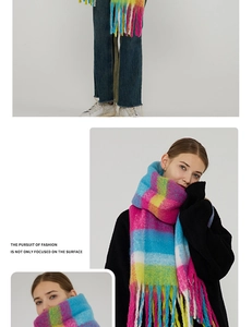 Detail of colorful plaid thick scarf with long fringe and soft texture for winter