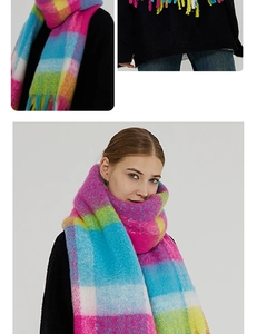 Detail of colorful plaid scarf showing thick tassels and warm knitted texture