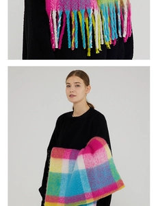 Close-up of thick tassels and colorful plaid pattern on warm long winter scarf