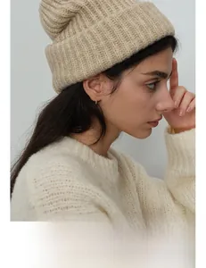 Close-up of beige ribbed knit beanie texture paired with openwork wool sweater