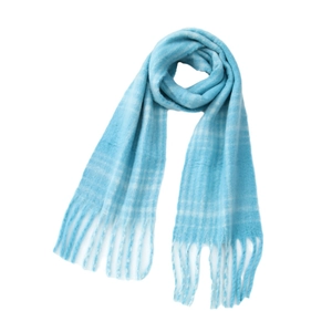 Plaid loop yarn scarf in blue and white with soft fringe for winter atmosphere