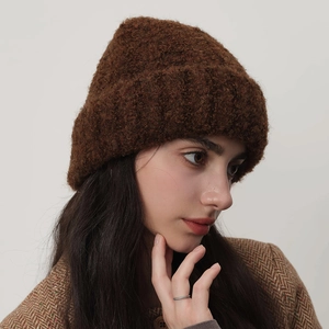 Vintage chunky knit wool beanie for women, oversized warm brown thick winter hat