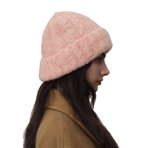 Women's warm thick pink mohair knit beanie featuring a retro oversized cuff design