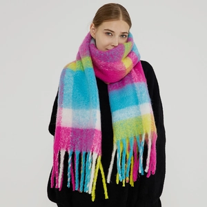 Thick warm plaid scarf for women with long tassels in bright pink blue yellow colors