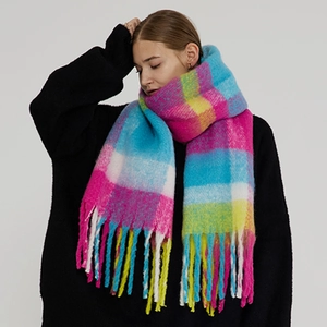 Thick colorful plaid cashmere scarf with long tassels in pink, blue and yellow