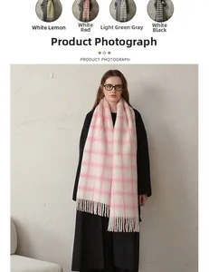 Close-up of soft plaid wool scarf with fringe available in four vintage pastel colorways