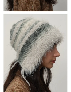 Detail of grey-green striped plush knit hat with soft textured mohair fabric
