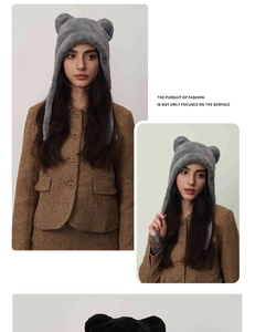 Detailed view of the plush grey knit hat with cute bear ears and protective earflaps