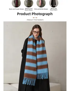 Detail of soft thick cashmere-like scarf with classic broad stripes and long fringe