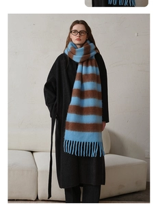 Macro shot of sky blue and dark brown striped tassel scarf with soft cashmere texture