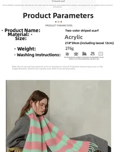 Detail of pink and mint green striped acrylic scarf with soft tassels and sizing specs