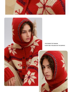 Macro detail of red wool balaclava with white snowflake pattern and button closure