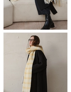 Detail showing wool plaid scarf with tassels styled on a black coat for autumn winter