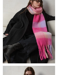 Detailed texture of thick plaid scarf with tassels styled on a black winter wool coat