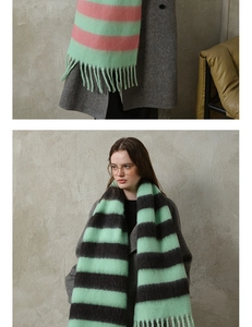 Detail of plaid acrylic scarf with long tassels and soft brushed texture in mint and pink