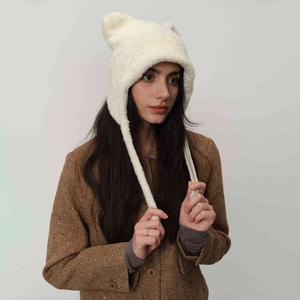 Women Cute Cat Ear Plush Beanie Hat Winter Warm Ear Protection Knitted Hat Solid Color Fuzzy Cold Weather Beanie