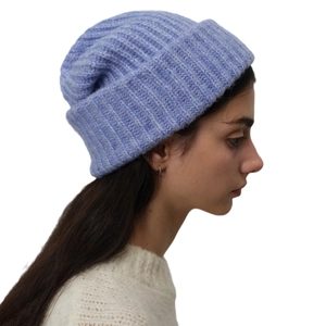 Chic mauve wool blend ribbed knit beanie hat for women featuring warm winter texture