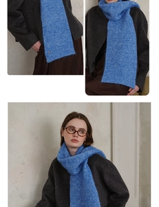Detail shot of blue waffle knit scarf texture and matching lifestyle outfit for winter