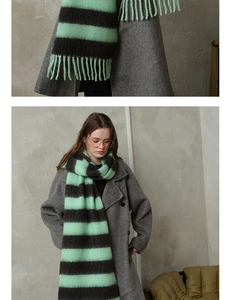 Detail of mint green and dark grey plaid knit scarf with long decorative tassels