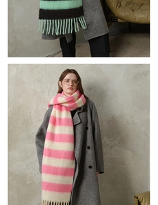 Detail of soft thick plaid scarf with tassels in pink and green color options