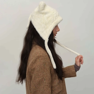 Cute white fuzzy winter beanie hat with bear ears and ear flaps for women