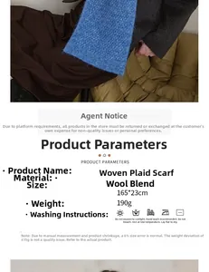 Detailed product specifications and care instructions for the blue knitted wool blend scarf
