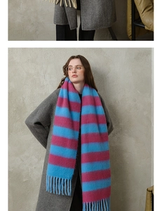 Detailed close-up of thick plaid scarf in blue and magenta with fringe tassels
