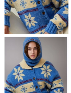 Close-up of wool snowflake balaclava and knit cardigan set in blue and cream white