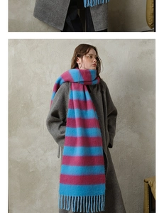 Detailed view of thick blue and fuchsia plaid scarf with tassels on grey coat