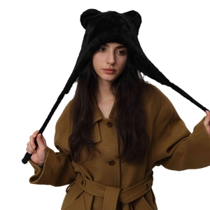Winter plush hood scarf with bear ears in black faux fur for cozy outdoor warmth