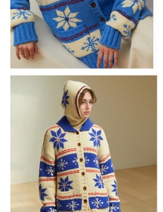 Detailed knit texture of wool balaclava and blue snowflake cardigan set for winter