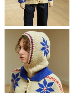 Close-up of wool knit balaclava and cardigan featuring vintage blue snowflake patterns
