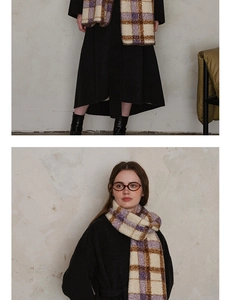 Detail of a purple and brown plaid wool scarf paired with a classic black wool coat