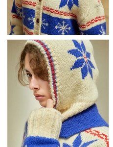 Close-up of snowflake knit balaclava showing wool texture and blue wave pattern