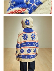 Detailed close-up of wool knit fabric and back view of snowflake balaclava sweater