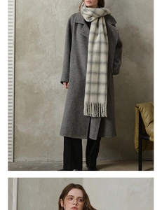 Detail of wool blend plaid scarf with fringe texture and grey winter coat styling