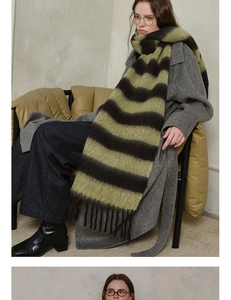Detail view of thick acrylic plaid scarf with black tassels on grey wool coat