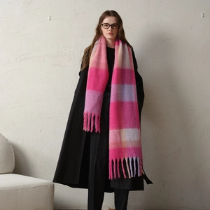 Thick warm plaid scarf with long tassels in pink and purple colors for women winter
