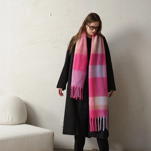 Thick warm winter long plaid shawl scarf with tassels in pink and purple tones