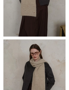 Detailed texture of beige waffle knit scarf paired with grey wool winter coat outfit