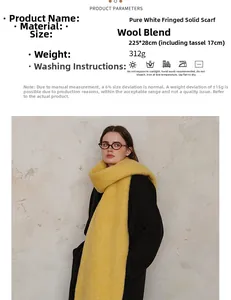 Detailed size chart and specifications for thick wool blend scarf with fringe