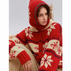 Wool Winter Balaclava Hat For Women Snowflake Pattern Knitted Hooded Scarf Warm Windproof Neck Warmer Outdoor Beanie Accessory