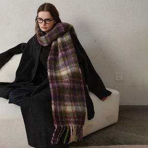 Thick plaid winter scarf with purple and green mohair texture and long tassels