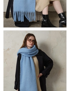 Detail of baby blue wool blend scarf showing soft texture and long fringe tassels