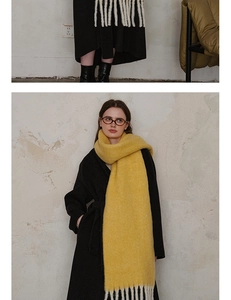Detailed close-up of thick yellow wool scarf featuring long white tassels on black coat