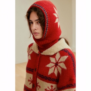 Women's red wool blend Balaclava hat with Christmas snowflake pattern and warm knit texture