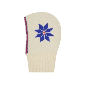 Winter wool balaclava hood with blue snowflake patterns and red stripe accents