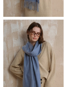 Detail of light blue wool scarf with tassels paired with a beige knit cardigan