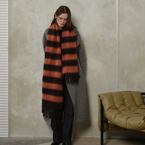 Thick striped cashmere-like scarf with tassels, orange and brown winter shawl wrap